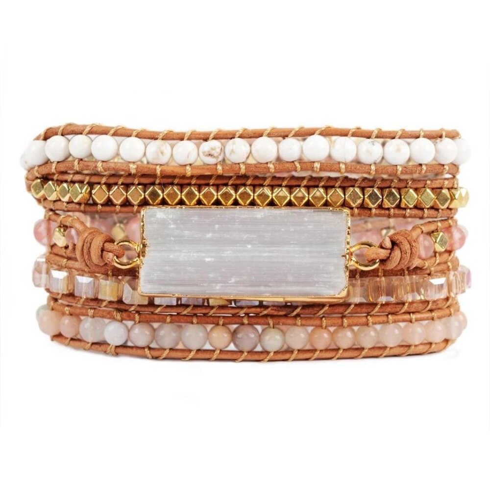 Selenite Gemstone Leather Wrap Bracelet NWOT